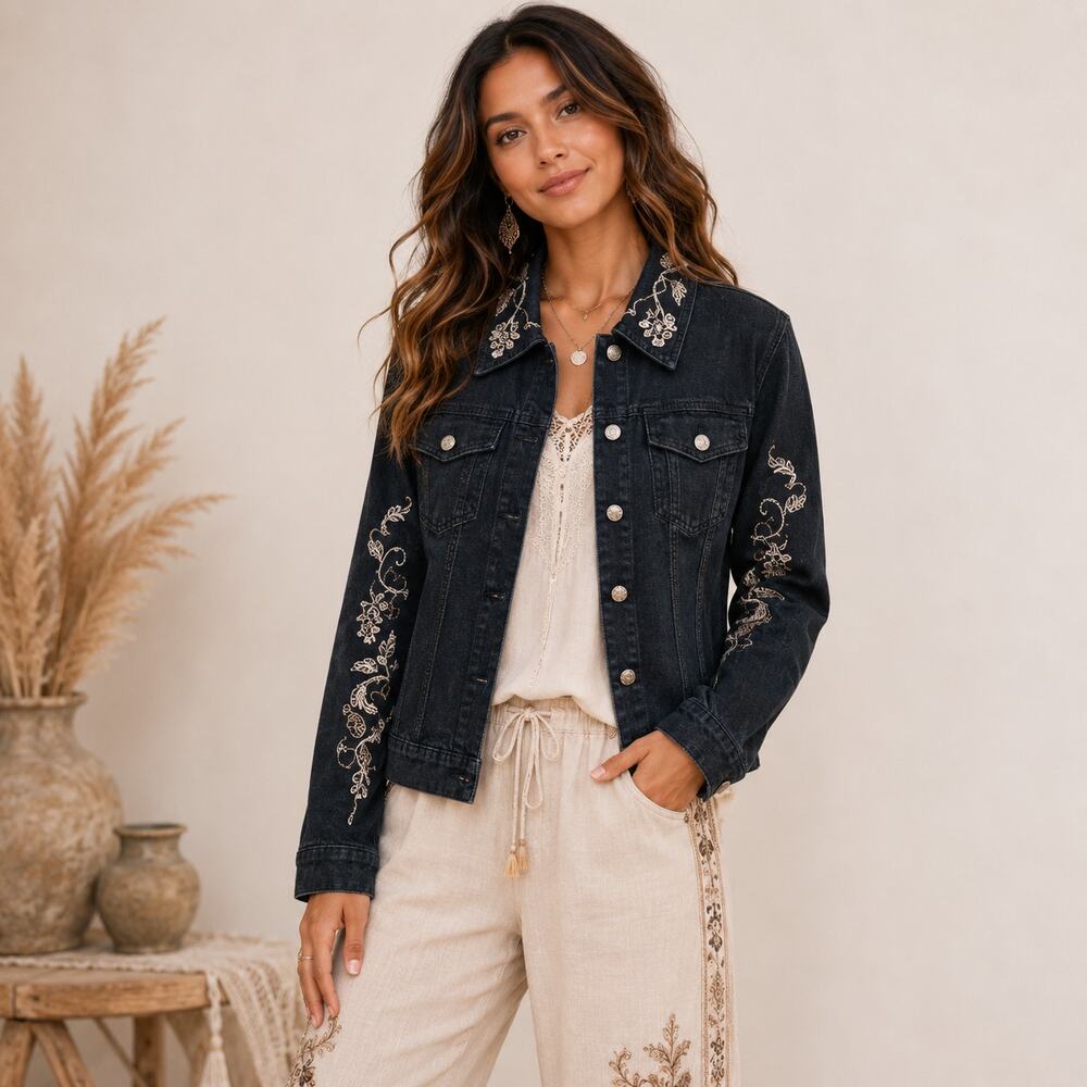 Maggie Sweet Jean Jacket Women's Size M Embellished Black Fairy Grunge Cottage
